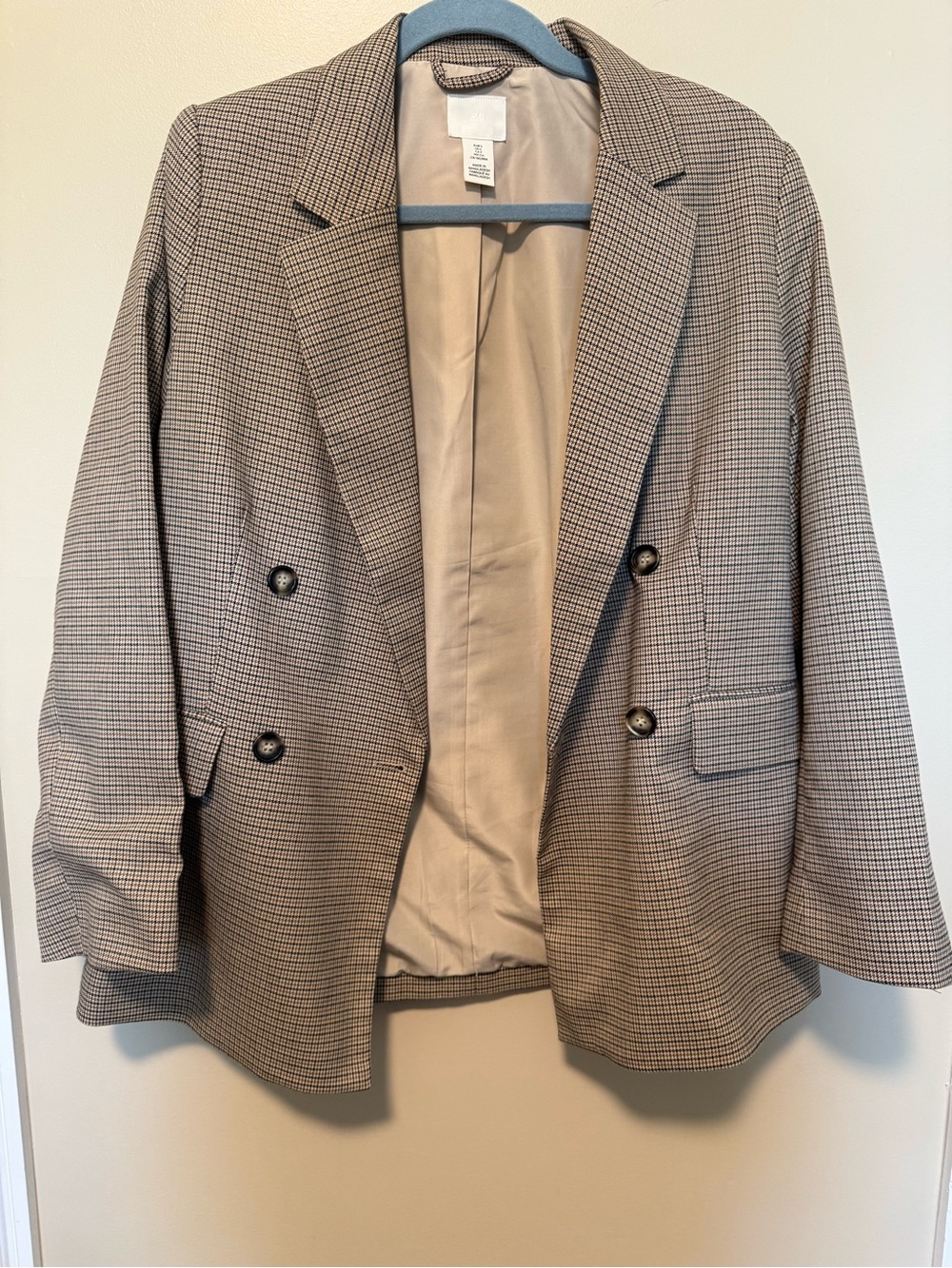 H&M Women’s Double-Breasted Glen Check Blazer in Beige and Black